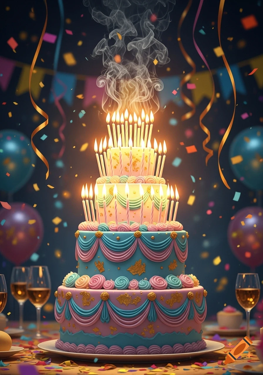 A colorful multi-tiered birthday cake with numerous lit candles and smoke, surrounded by confetti, ribbons, and balloons.