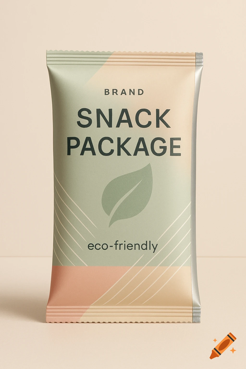 Minimalist light green and peach snack package with 'BRAND', 'SNACK PACKAGE', 'eco-friendly' text, and a leaf icon.