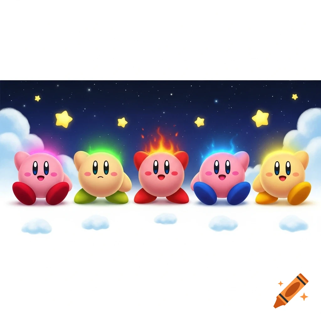 Five colorful Kirbys (pink, green, red, blue, yellow) on white clouds beneath a starry night sky. Red Kirby has flames, blue has a glow.