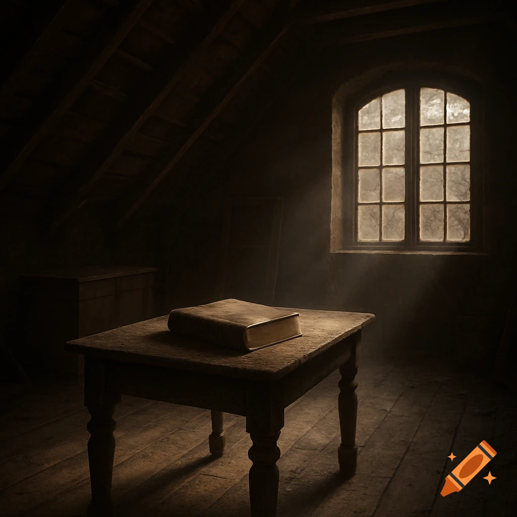 Sunlight streams through an arched window into a dusty, dark attic, illuminating an old book on a wooden table.