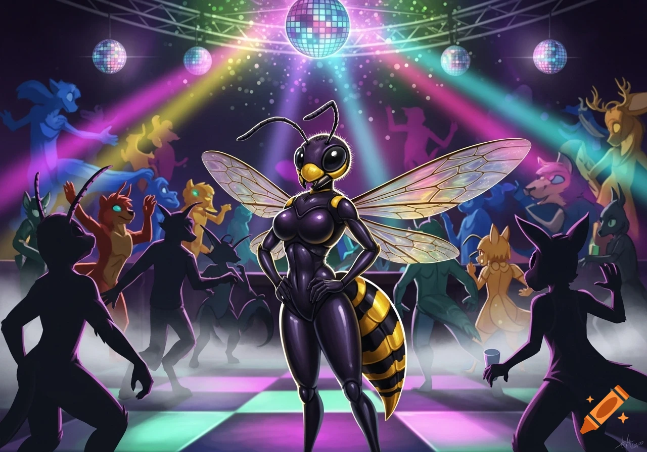 A confident female anthropomorphic wasp in a black and yellow bodysuit stands at the center of a vibrant disco nightclub with dancing anthros.