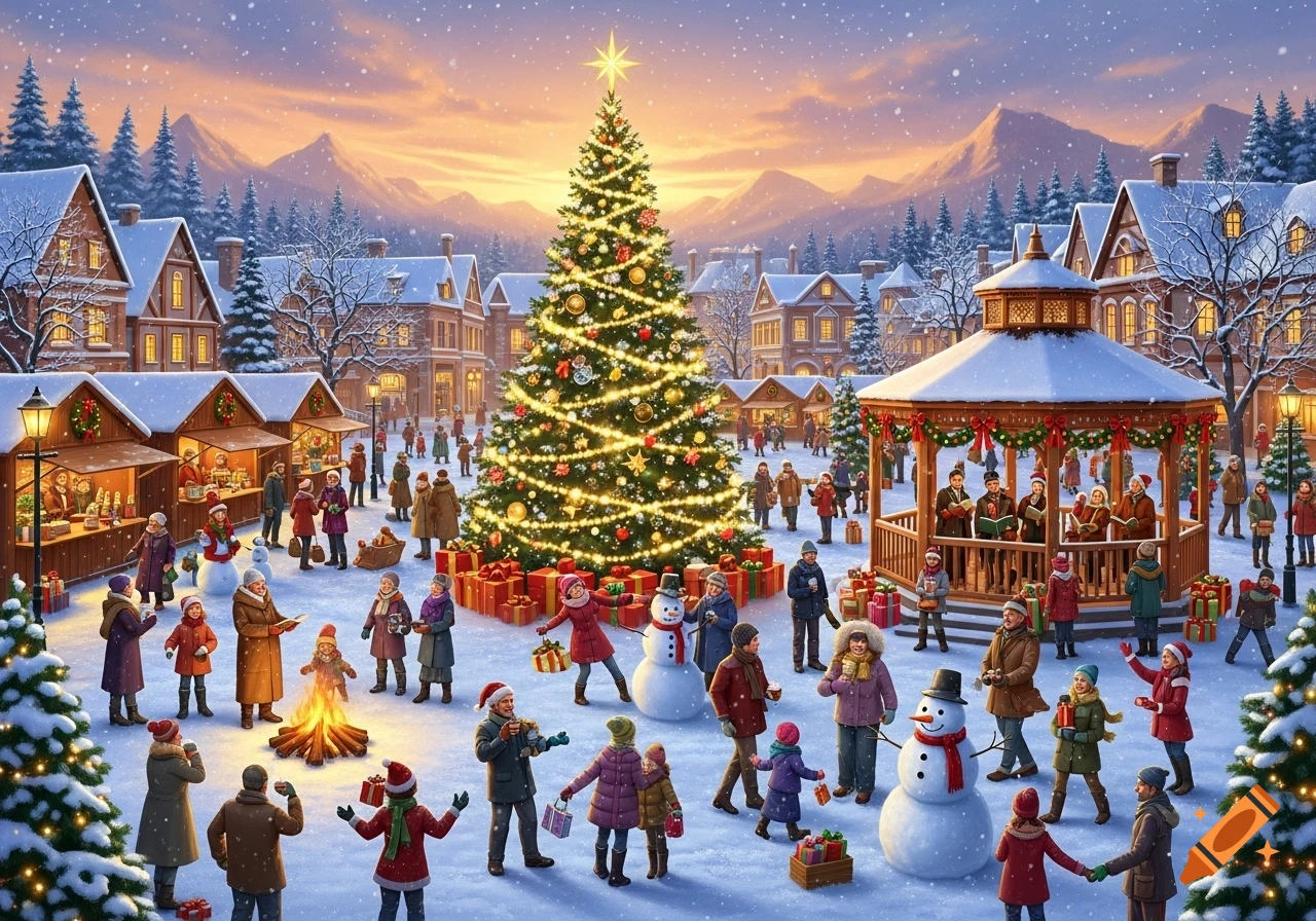 A bustling, detailed illustration of a snowy Christmas market with many people, a large decorated tree, market stalls, carolers, snowmen, and a bonfire, at sunset.