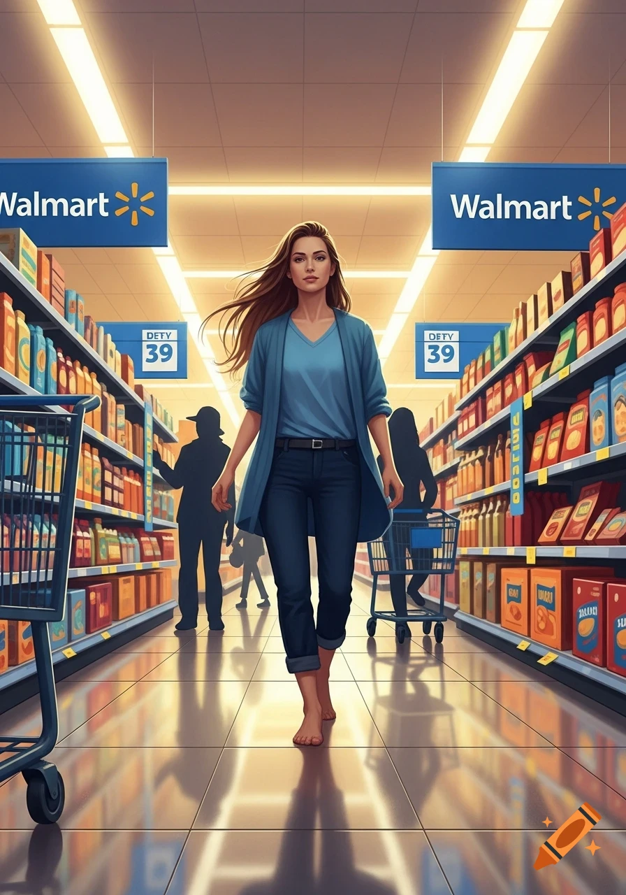 A barefoot woman walks through a brightly lit Walmart aisle, past shelves of products and other shoppers, in a stylized illustration.