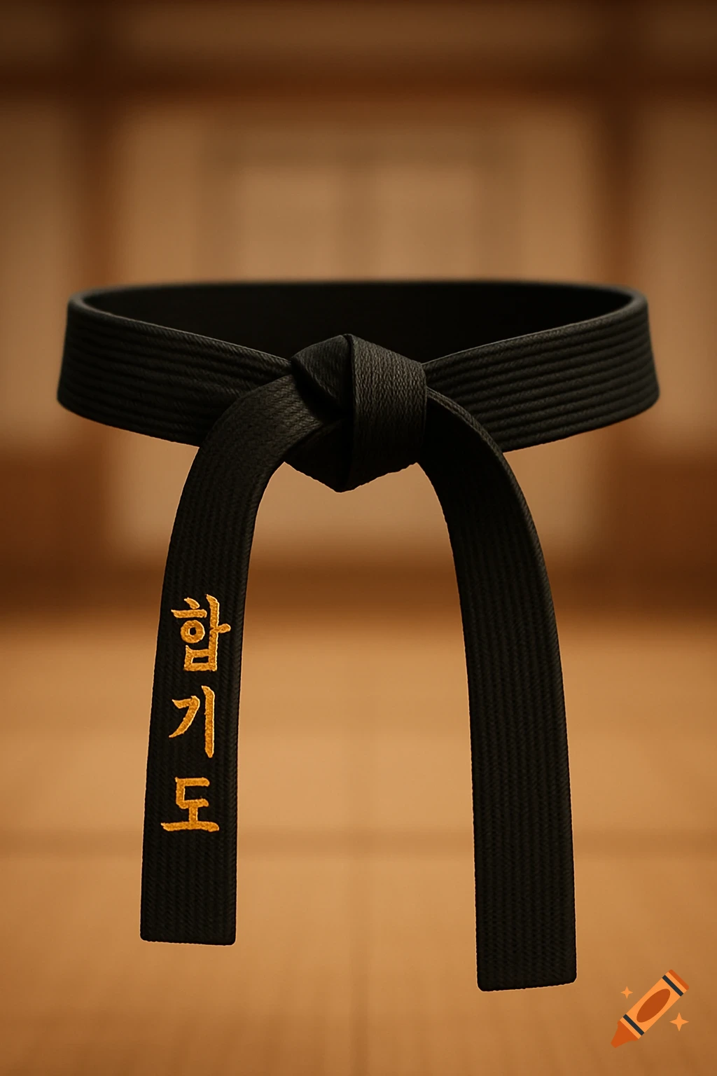 A photorealistic image of a black Hapkido martial arts belt tied in a knot, with golden Korean characters '" 합기도"' on one hanging end.