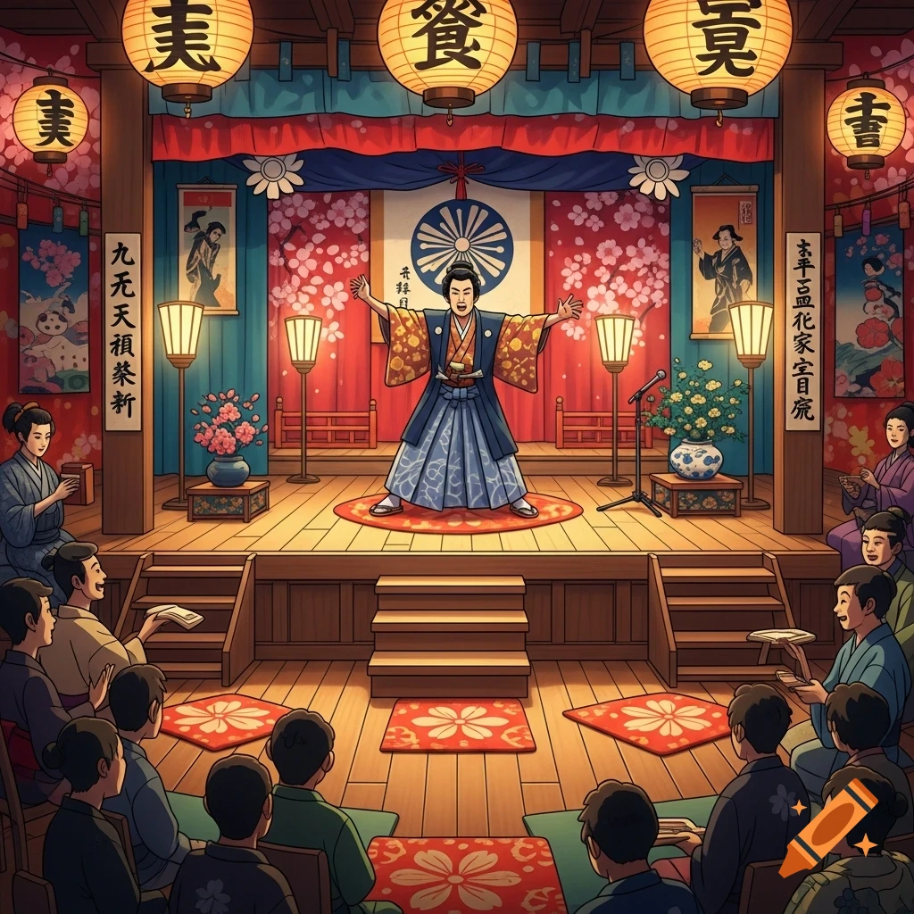 A colorful illustration of a Japanese performer on a stage, with an audience seated on the floor. Lanterns with Japanese characters hang above, and banners adorn the walls.