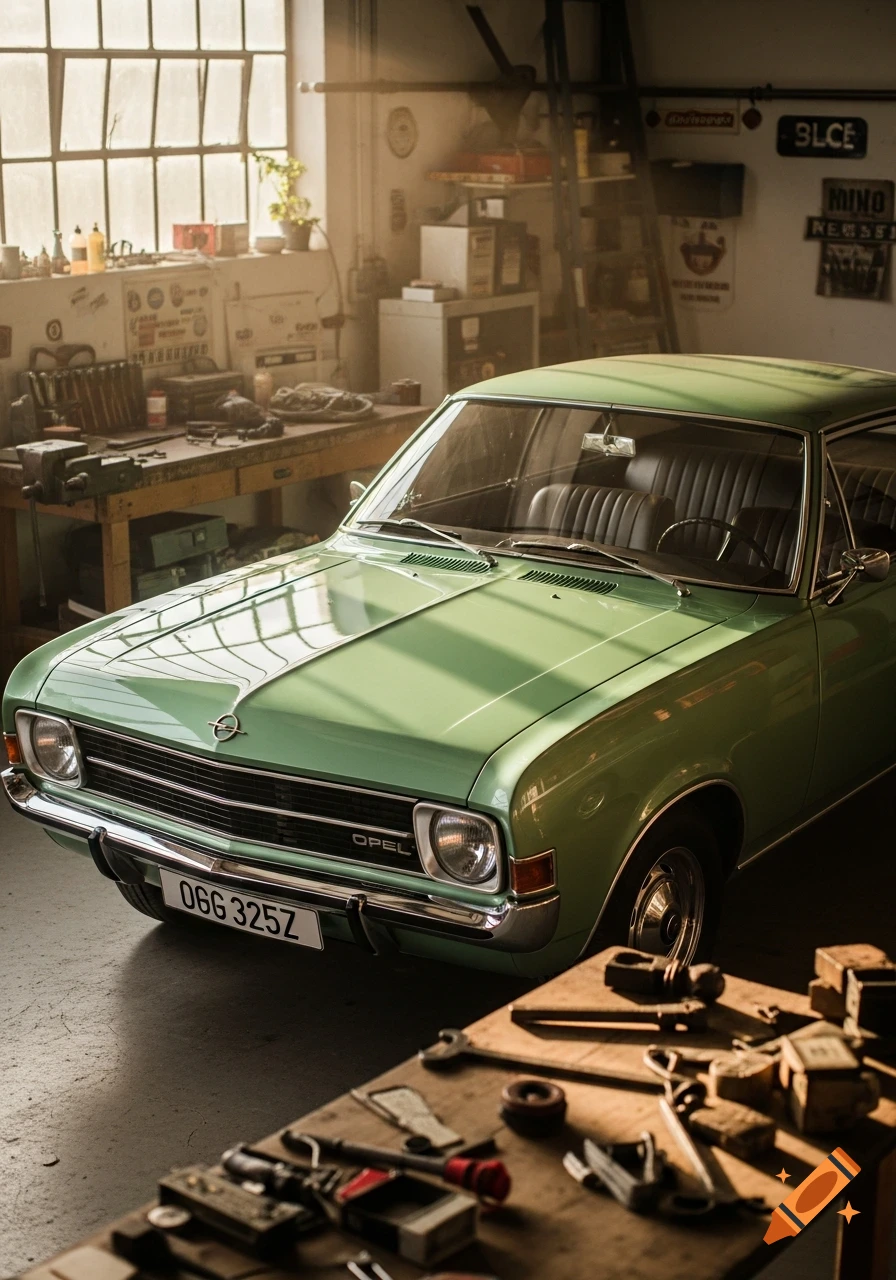 Mint green 1970 Opel Rekord C coupe parked in a sunlit, cluttered garage with workbenches and tools. Photorealistic.