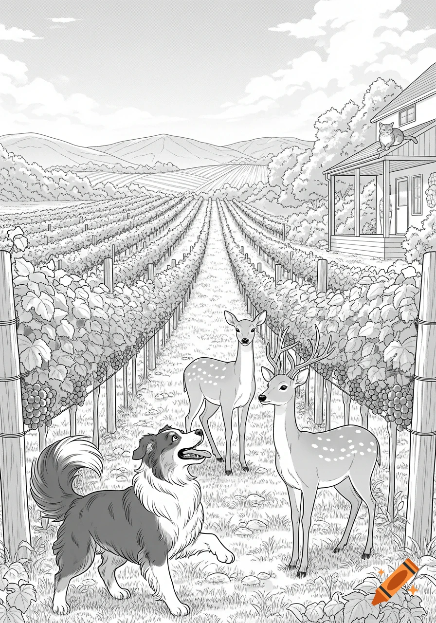 Black and white anime style image of an Australian Shepherd barking at two deer in a vineyard, with a house and cat in the background.