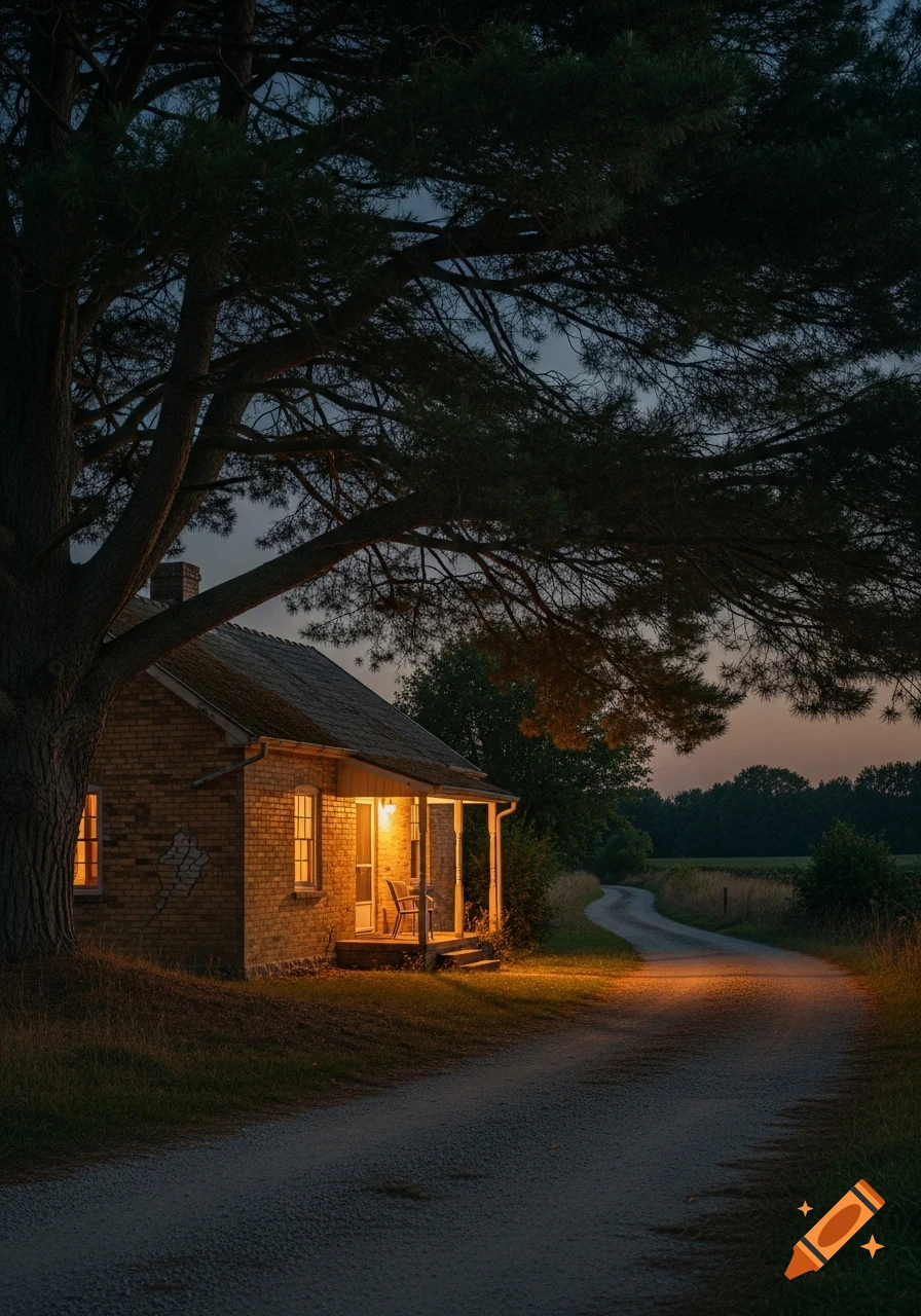 A small brick house with a glowing porch light under a large tree by a curving gravel road at dusk.