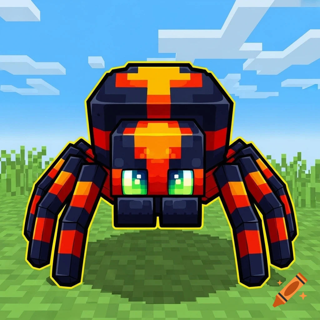 A pixelated, cartoon Minecraft spider with black and orange markings and green eyes in a blocky green field.