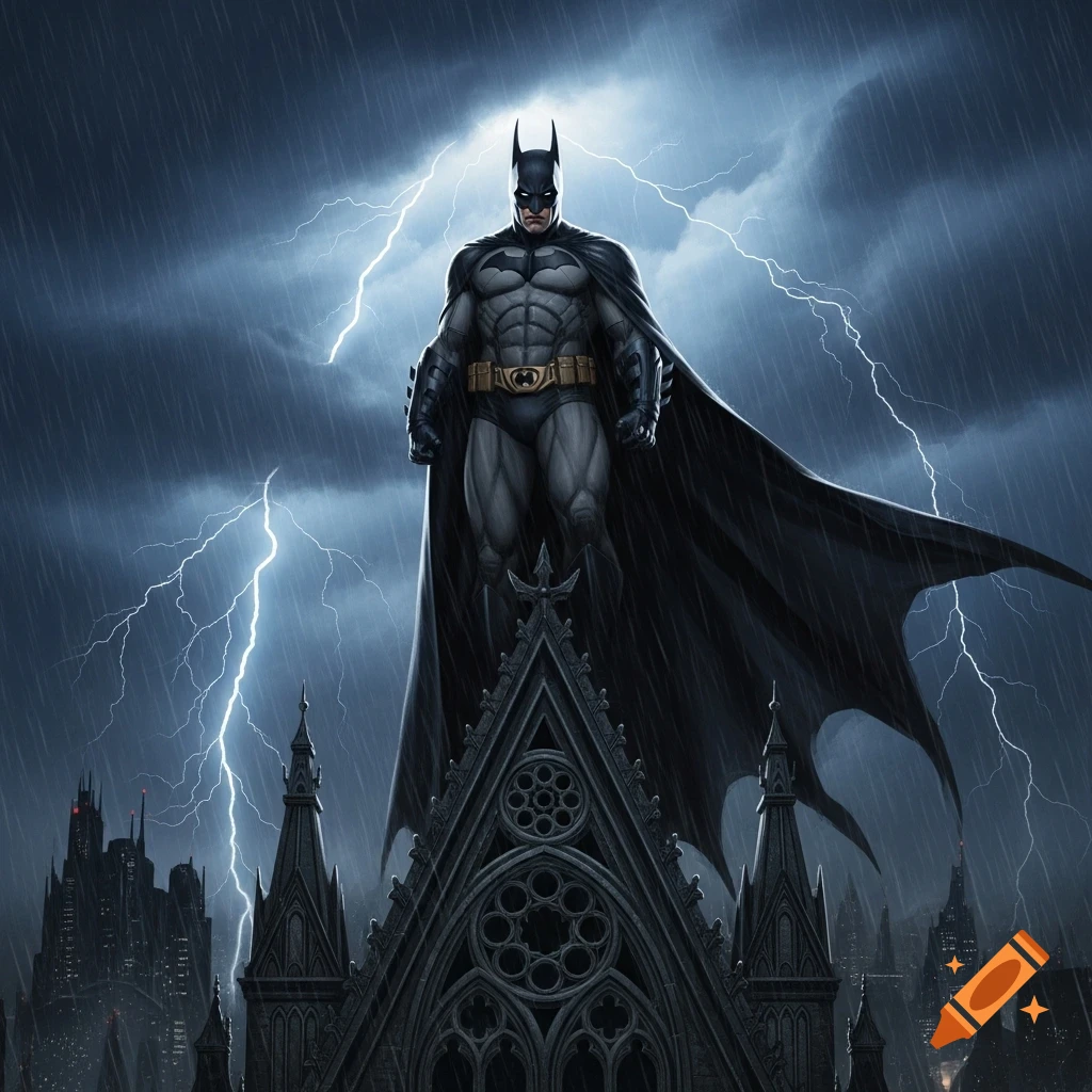 Batman stands on a gothic rooftop, overlooking a stormy city under lightning-filled skies.