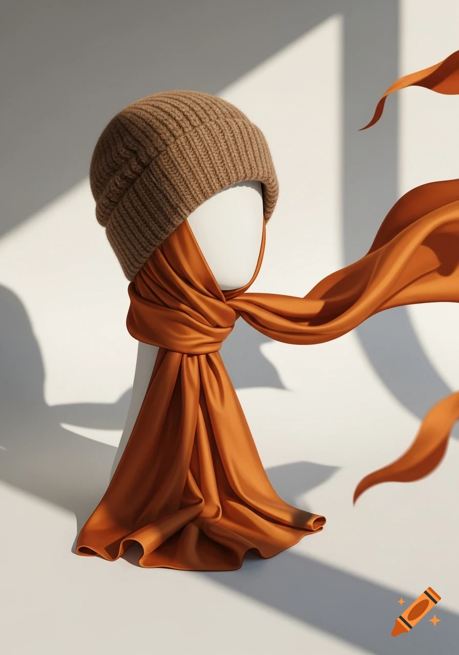 A brown knitted beanie hat and a flowing orange silk scarf on a white mannequin head with dramatic lighting.