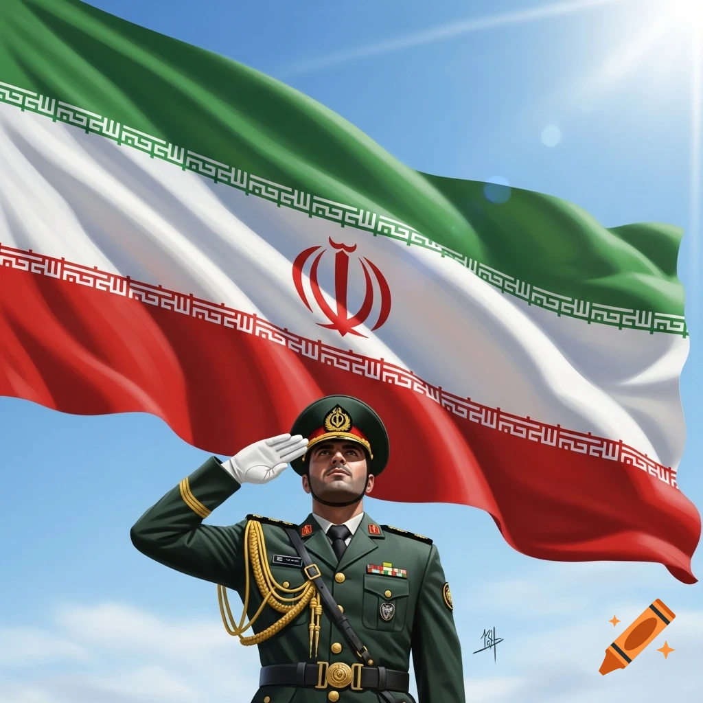 An Iranian soldier in a green uniform salutes in front of a large, waving Iranian flag under a clear blue sky.