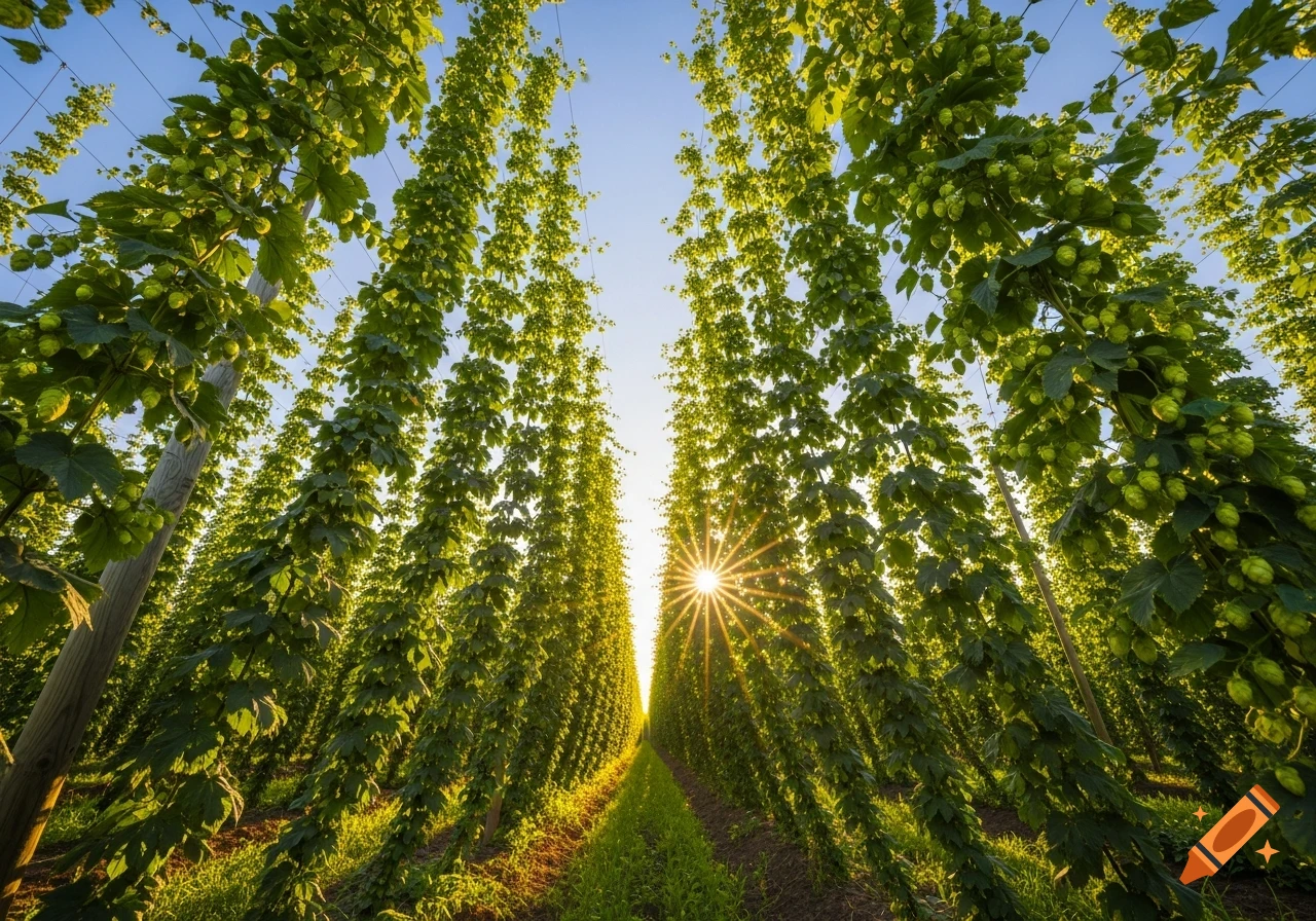 A low-angle view of a hop field with tall green plants and cones, forming an aisle under a clear blue sky, with the sun starbursting at the end.
