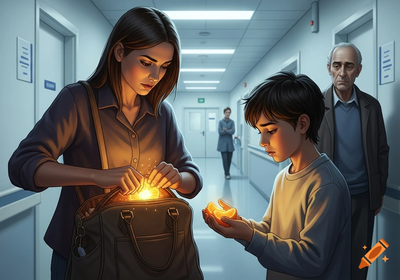 A woman pulls a glowing mandarin from her bag as a boy holds another glowing piece in a hospital corridor, an older man watches in the background.