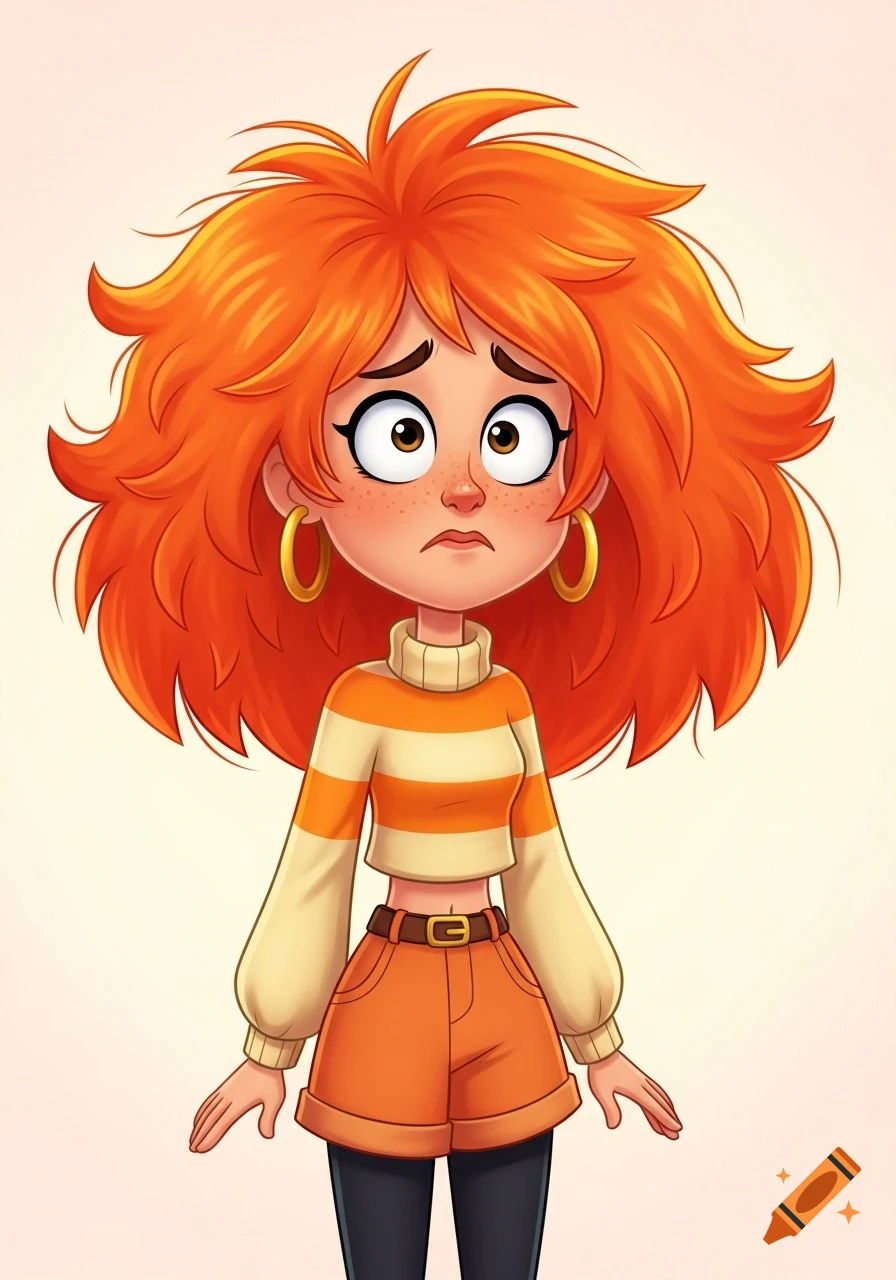 A cartoon girl with voluminous orange hair, a worried expression, wearing a striped crop top, orange shorts, and dark pants.