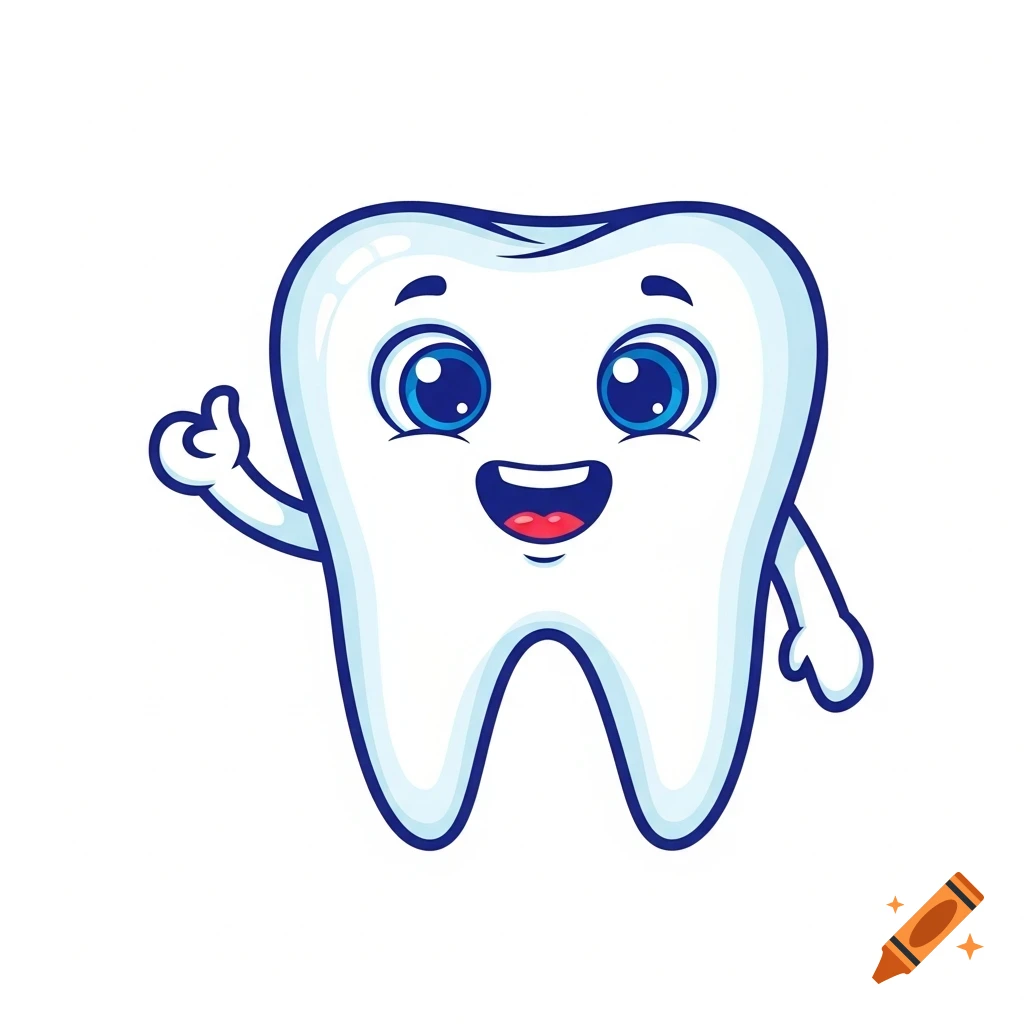 A cute cartoon molar tooth character with a big smile, blue eyes, and a raised hand giving a thumbs-up on a white background.