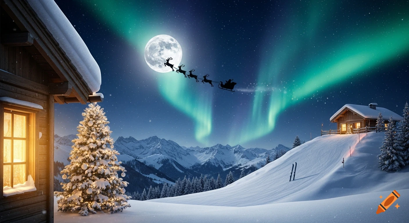 Photorealistic Christmas winter night scene with Santa's sleigh flying under the full moon and Northern Lights above snow-covered alpine cabins and mountains.