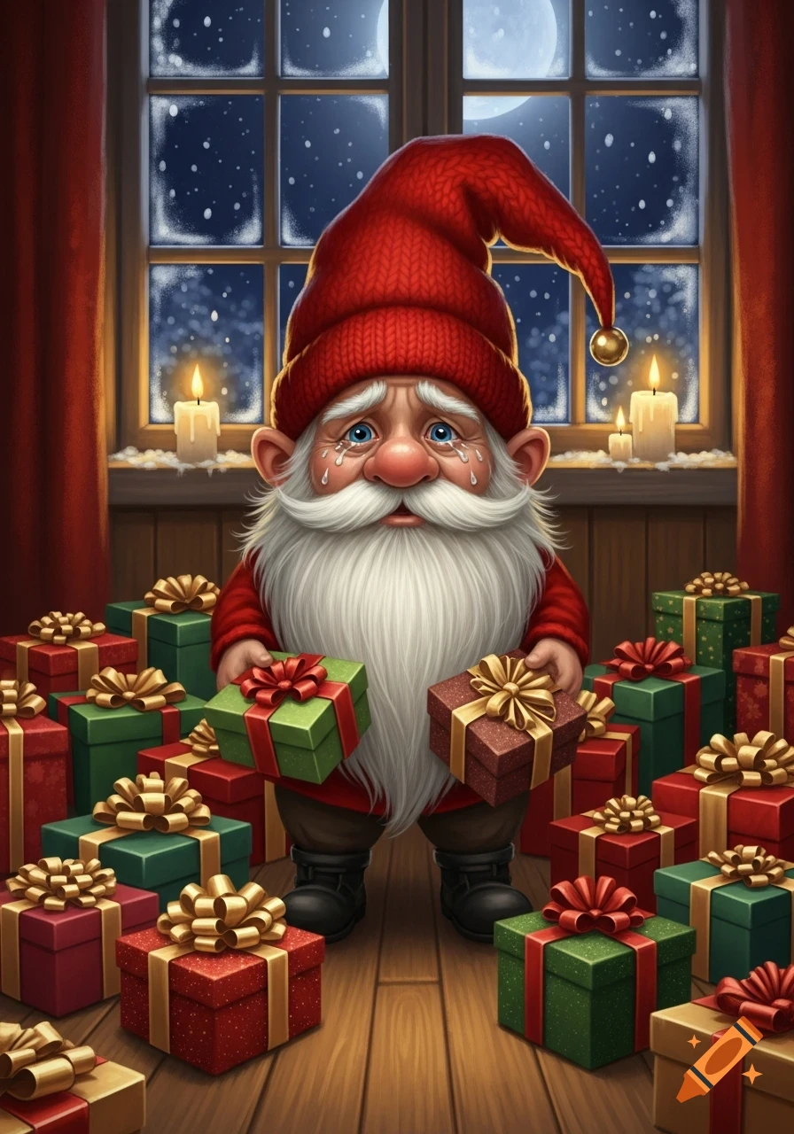 A crying gnome in a red hat holds gifts, surrounded by presents, in front of a snowy window with a full moon.