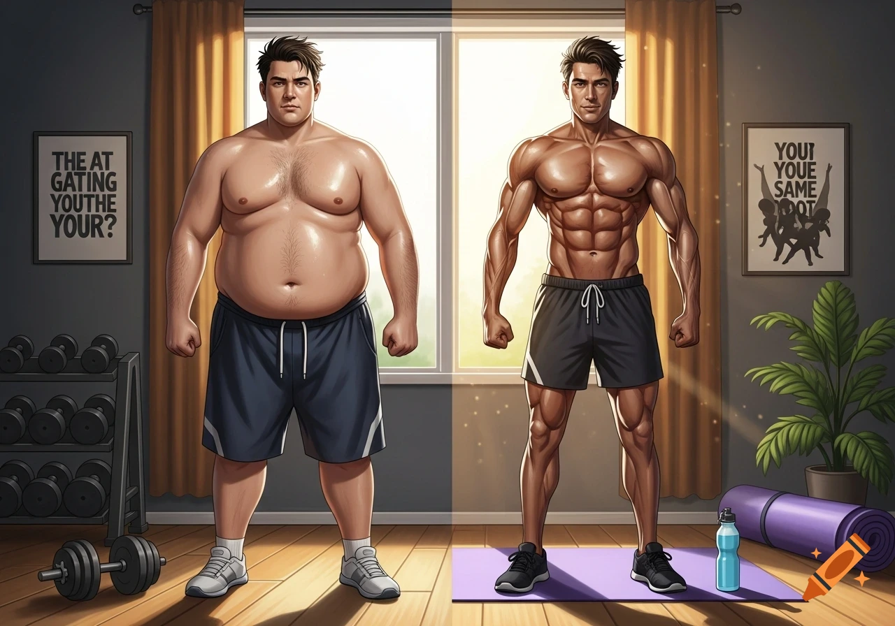 A split image shows a man's before and after weight loss transformation, from obese to muscular, in a home gym setting.