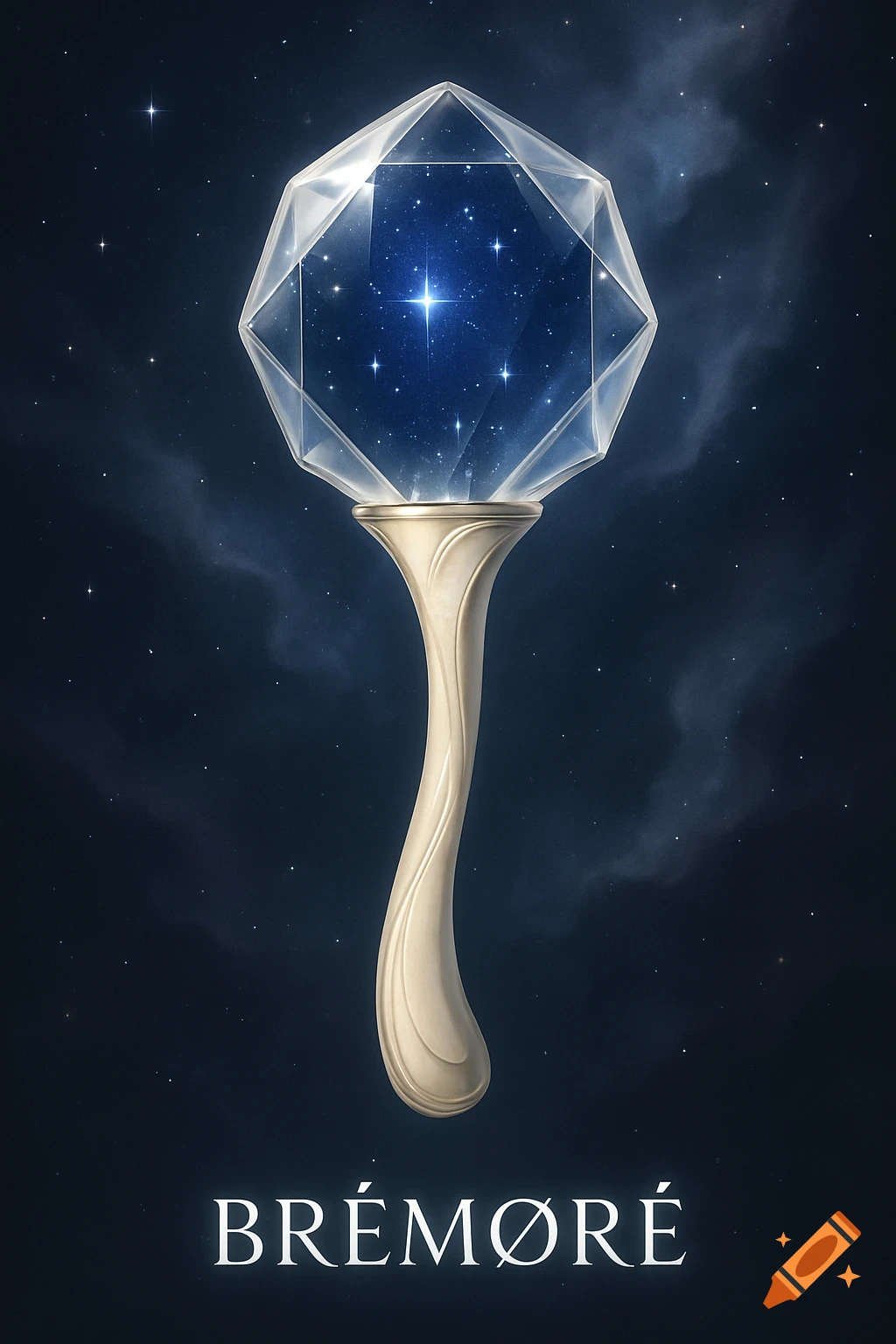 A stylized K-pop lightstick with a crystal head enclosing a starry blue nebula, on a curving vanilla cream handle, against a dark blue starry background. Text reads 'BRÊMØRÈ'.