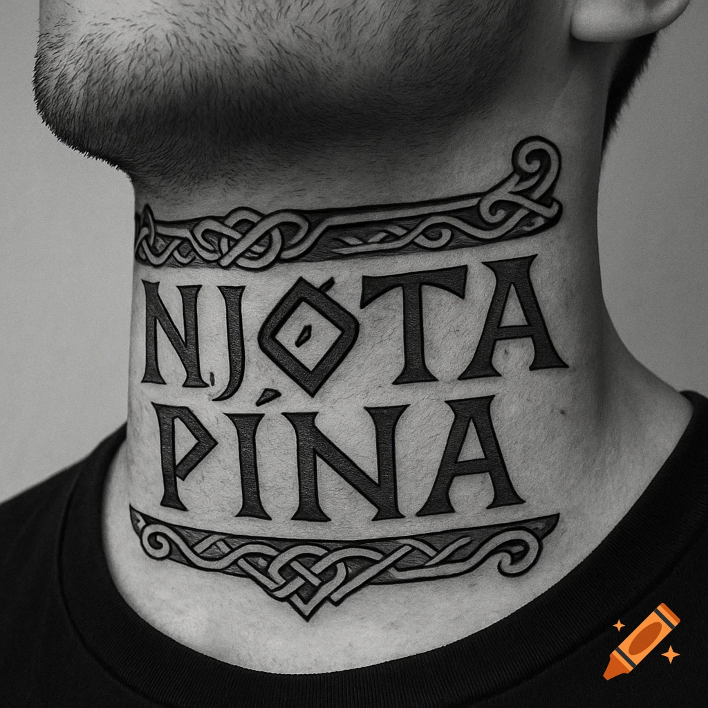 A black and white image of a person's neck with a large, stylized tattoo that reads "NJOTA PINA" in bold, runic-inspired font, framed by intricate Celtic knotwork patterns.