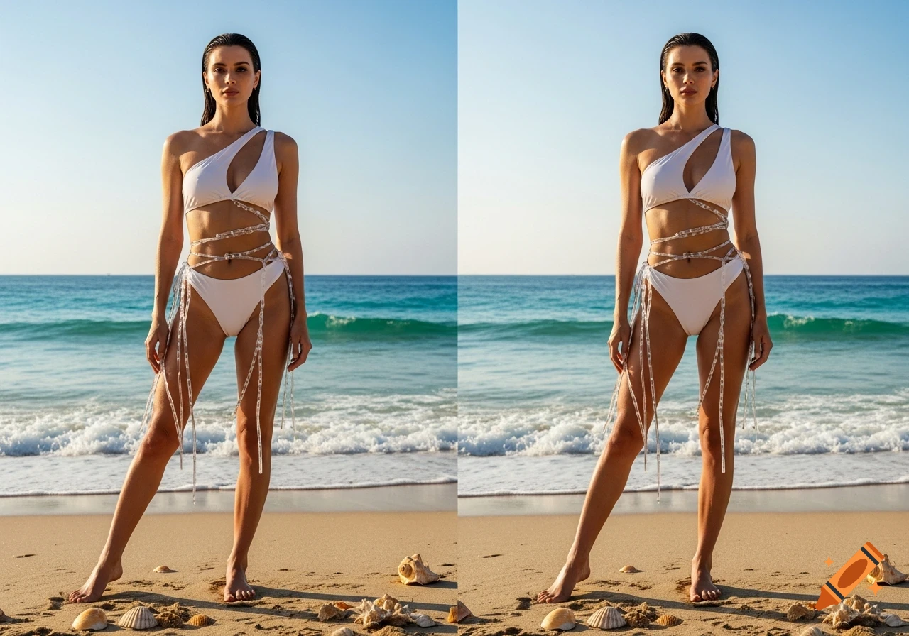 A woman in a white one-shoulder bikini with LED strips stands on a sandy beach with seashells and ocean waves.
