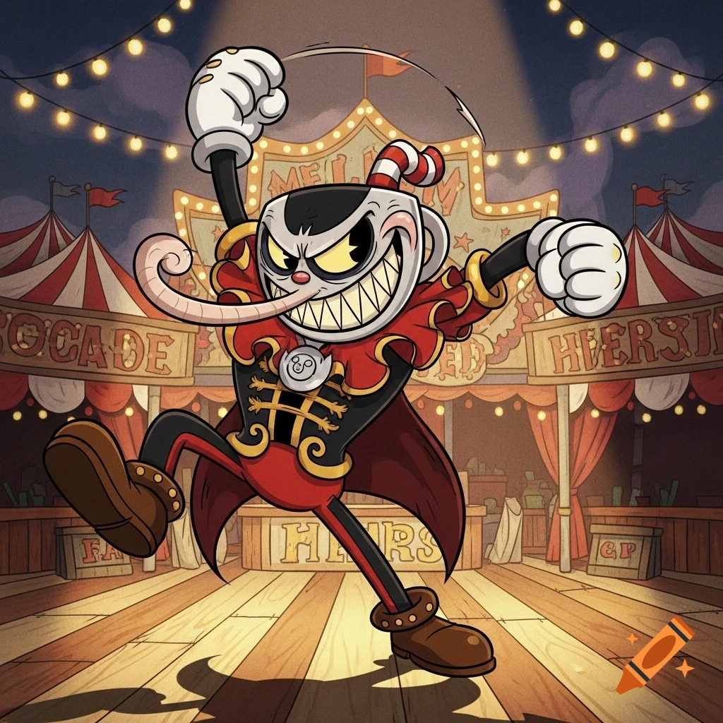 A grinning, evil-looking Cuphead-style character in a ringmaster outfit poses dramatically on a carnival stage.