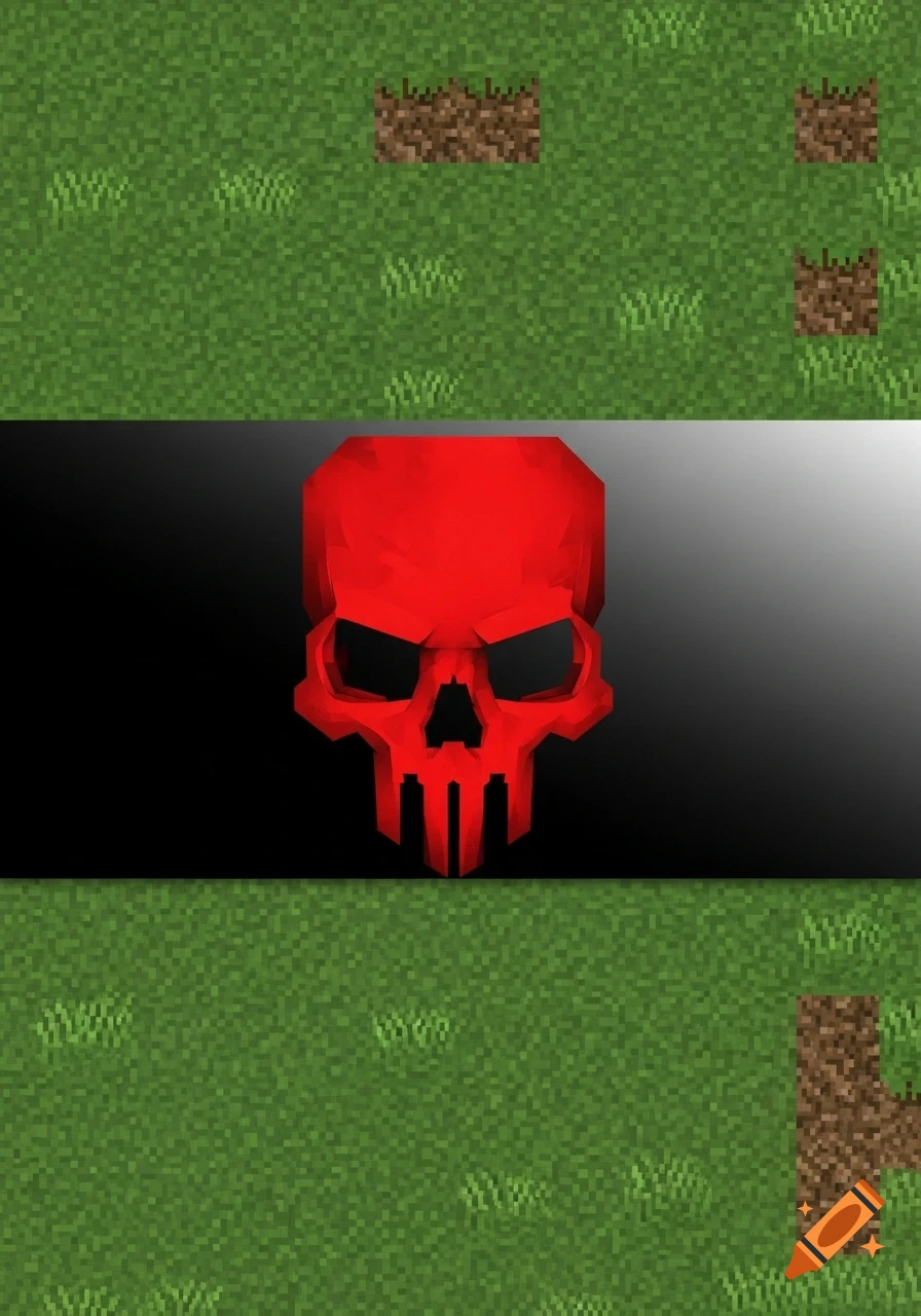 A stylized red skull on a black and grey gradient banner, centered vertically on a pixelated Minecraft grass background.
