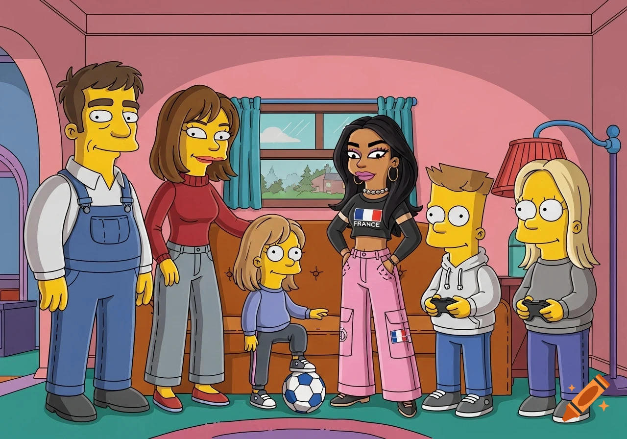 A cartoon family portrait in Simpsons style with six characters in a living room, featuring a man, woman, and four children.