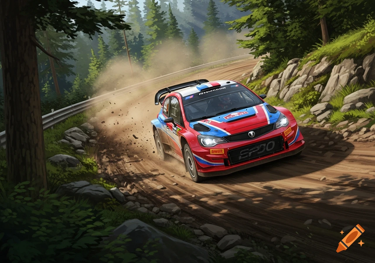 A red, white, and blue rally car kicks up dust while speeding on a dirt road through a dense forest, in an illustration style.