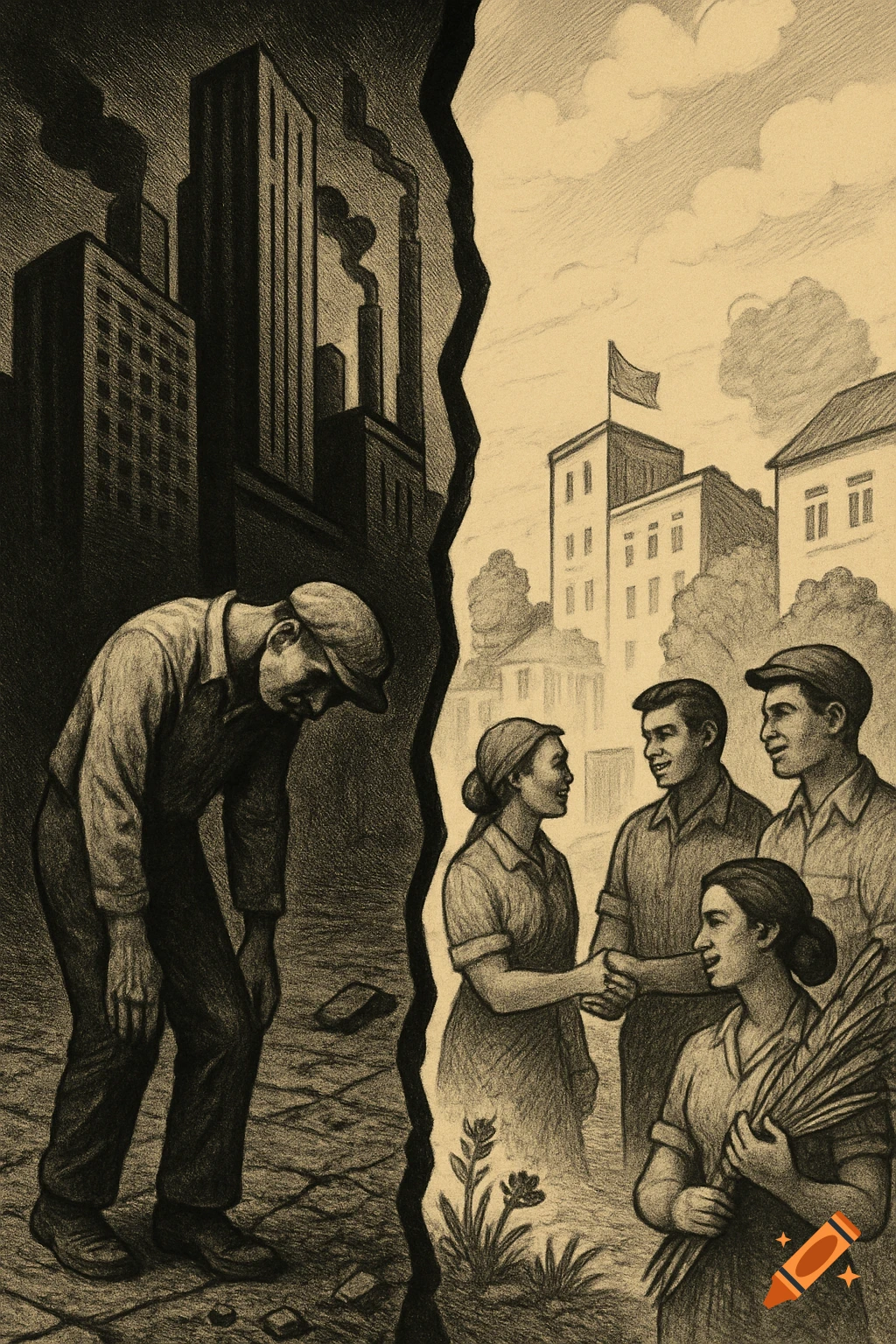 A two-part charcoal drawing depicts a bleak industrial scene with an exhausted worker on the left, contrasted with a hopeful, communal scene of people interacting in a town on the right.