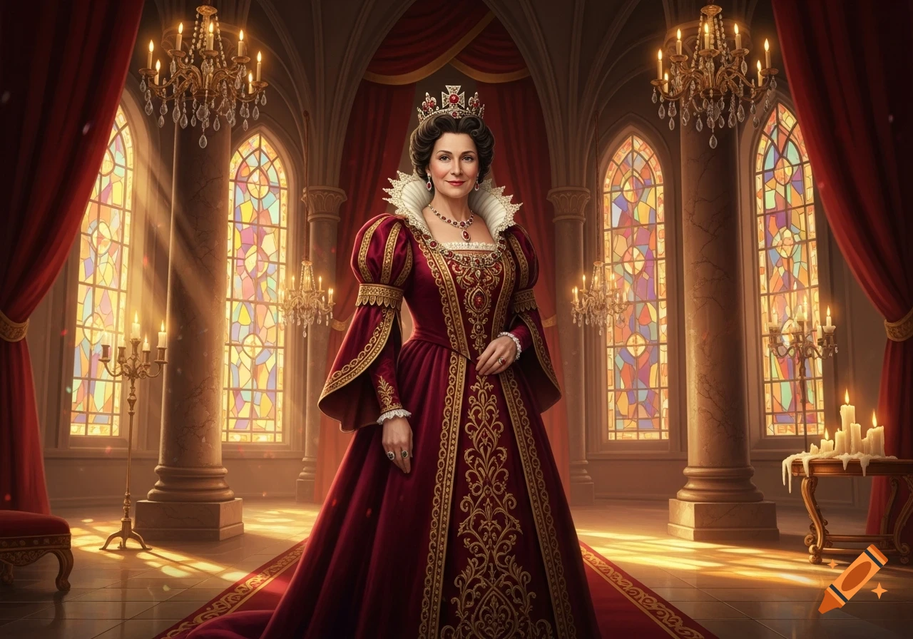 A regal queen in an elaborate red and gold gown and crown stands in a grand hall with stained glass windows and chandeliers.