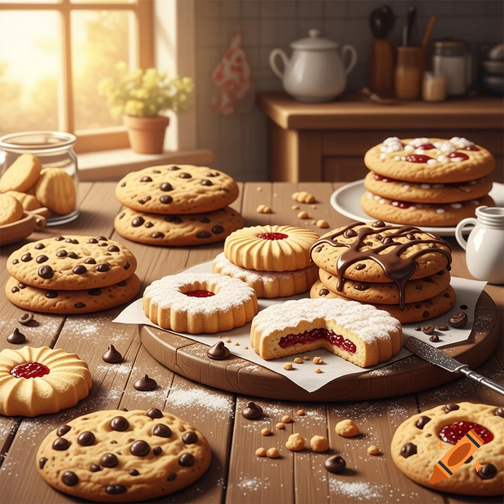 A variety of cookies, including chocolate chip, shortbread with jam, and jam-filled shortbread, arranged on a wooden table with powdered sugar.