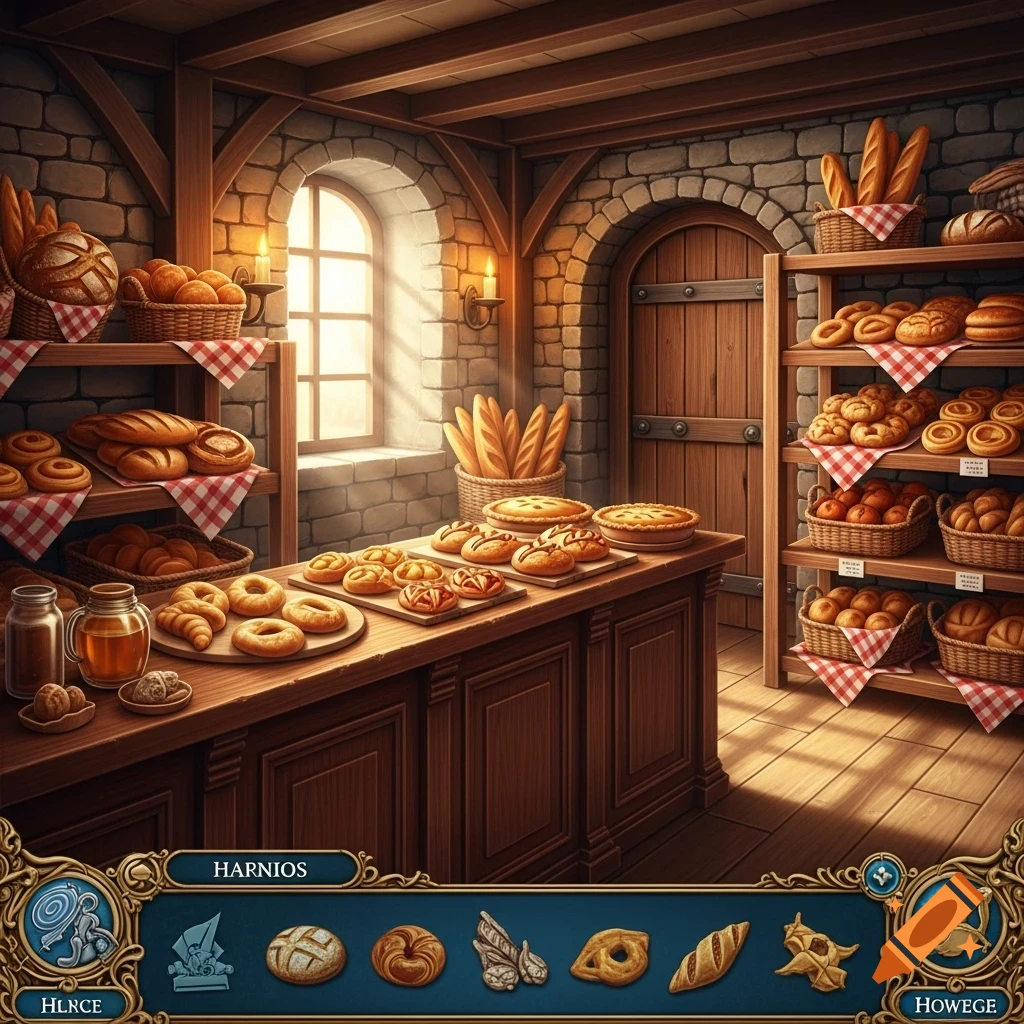 A warm, richly detailed medieval bakery, featuring shelves and a counter laden with an abundance of various breads, pastries, and pies.