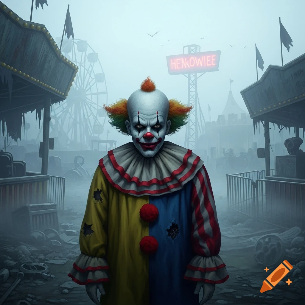 A creepy clown with a pale face and colorful hair stands in a foggy, abandoned carnival with a Ferris wheel in the background, creating an eerie horror atmosphere.