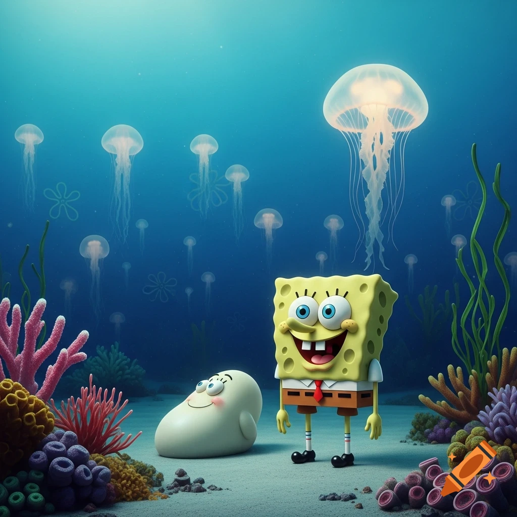 Spongebob Squarepants and a friendly white creature on the ocean floor, surrounded by colorful coral and jellyfish in a vibrant cartoon style.