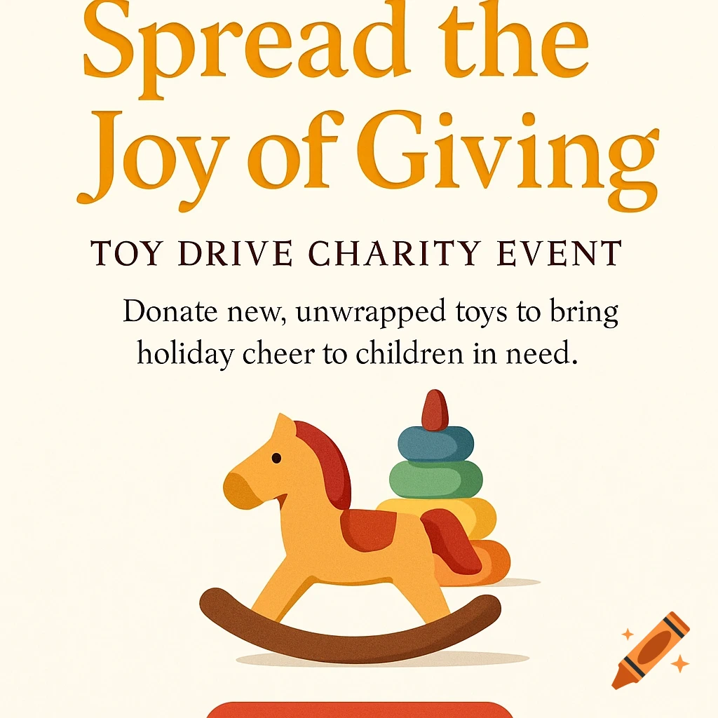 A holiday toy drive banner with text "Spread the Joy of Giving" and a rocking horse and stacking toy illustration.