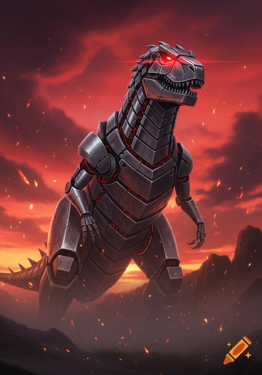 Illustration of a giant steel dinosaur with glowing red eyes standing in a fiery red cloudscape.