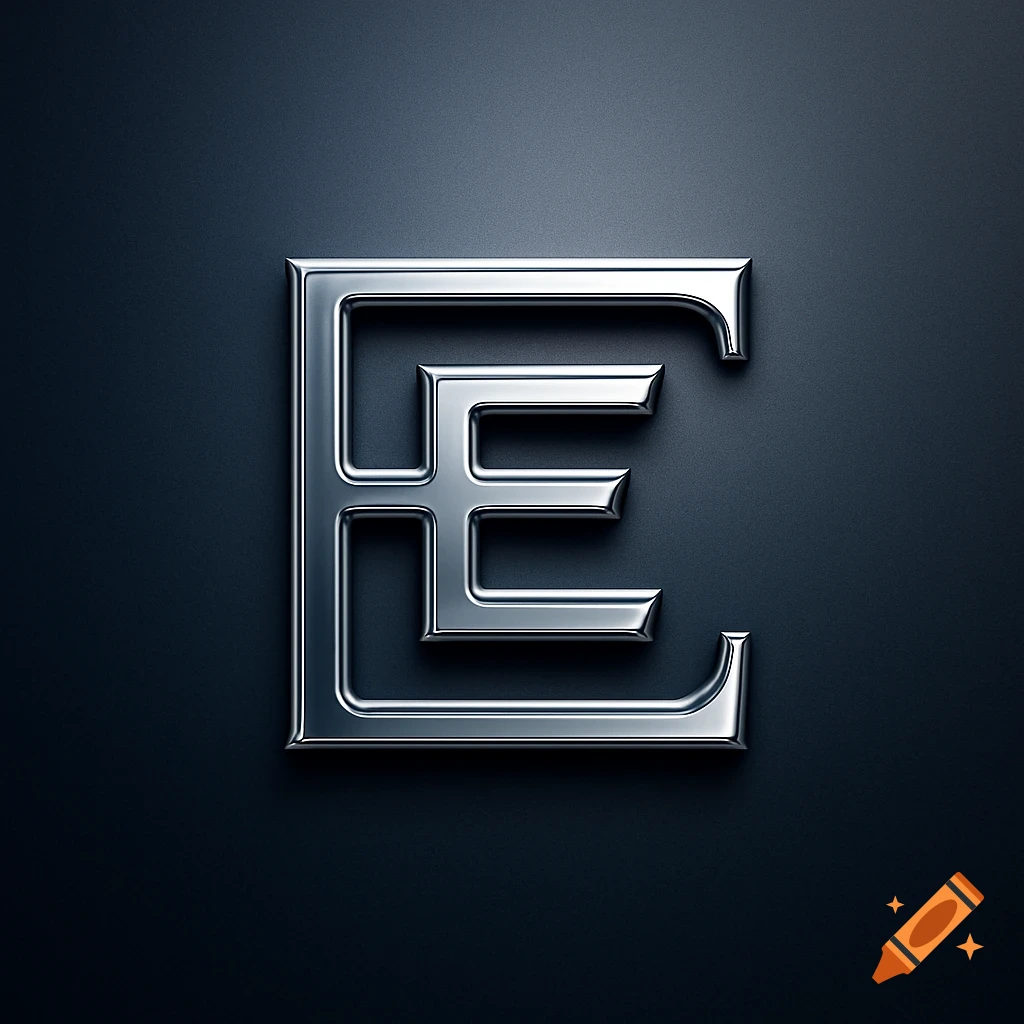 A sleek, silver metallic letter 'E' logo, featuring a nested design, on a dark, textured background.