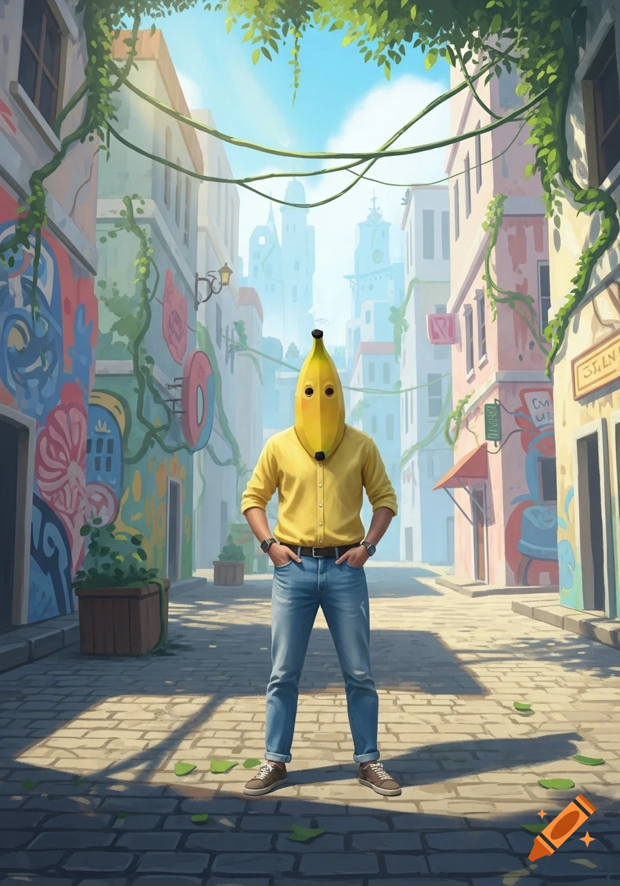 A man in a banana mask, yellow shirt, and jeans stands in a sunny, illustrative urban alleyway with vine-covered buildings and graffiti.