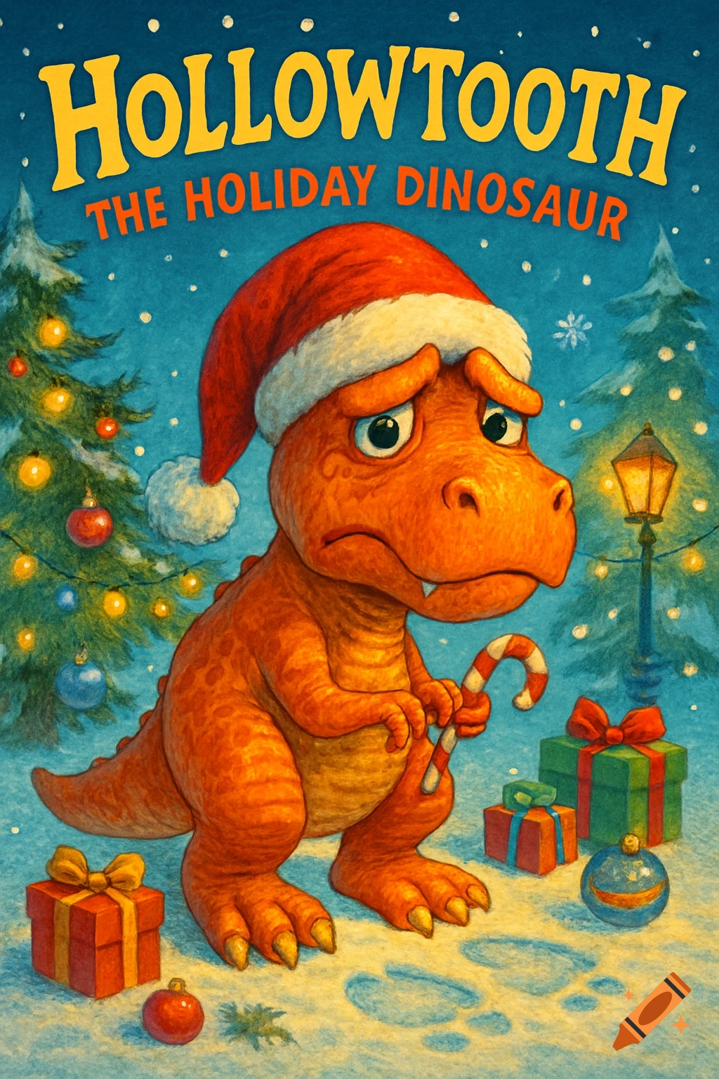 A sad-looking orange cartoon dinosaur in a Santa hat holds a candy cane amidst snowy Christmas trees and presents, in a children's storybook style.