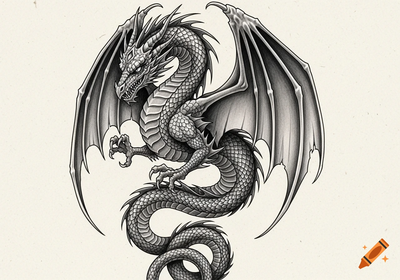 A detailed grayscale drawing of a fierce dragon with large wings, rendered in a tattoo art style.
