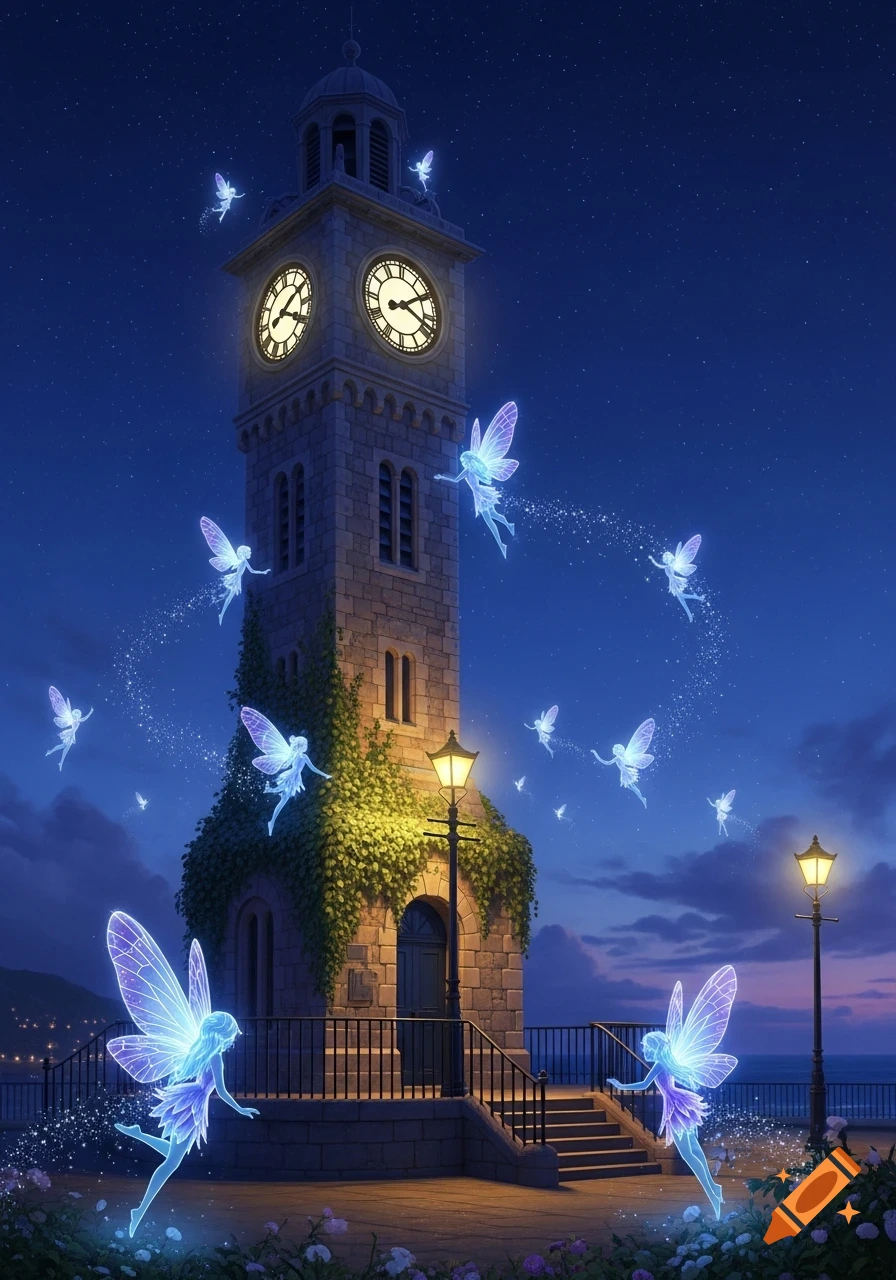 A stone clock tower covered in ivy, illuminated at night with glowing blue and purple fairies flying around it.