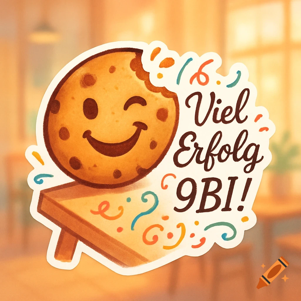 Cartoon sticker of a winking, bitten chocolate chip cookie on a small wooden table with confetti and the text "Viel Erfolg 9BI!".