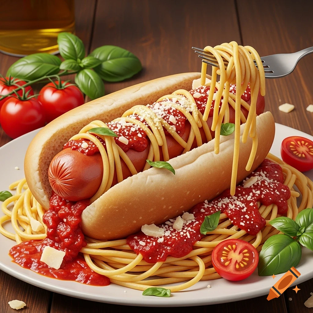 Photorealistic hotdog in a bun, covered in spaghetti, tomato sauce, cheese, and basil, with a fork lifting pasta, on a white plate.