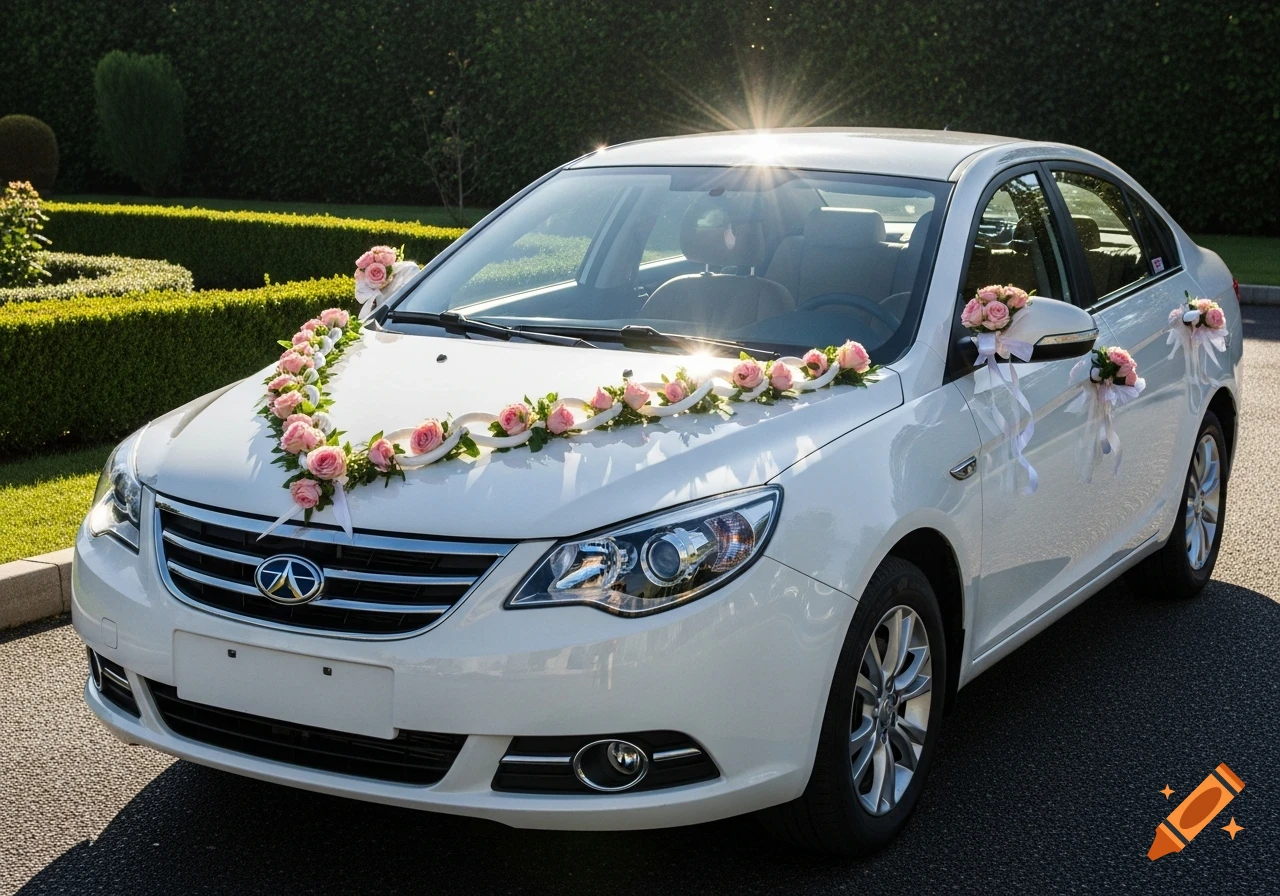 A white car decorated with a garland of pink roses and white ribbons on its hood and side mirrors, parked outdoors with green hedges in the background.