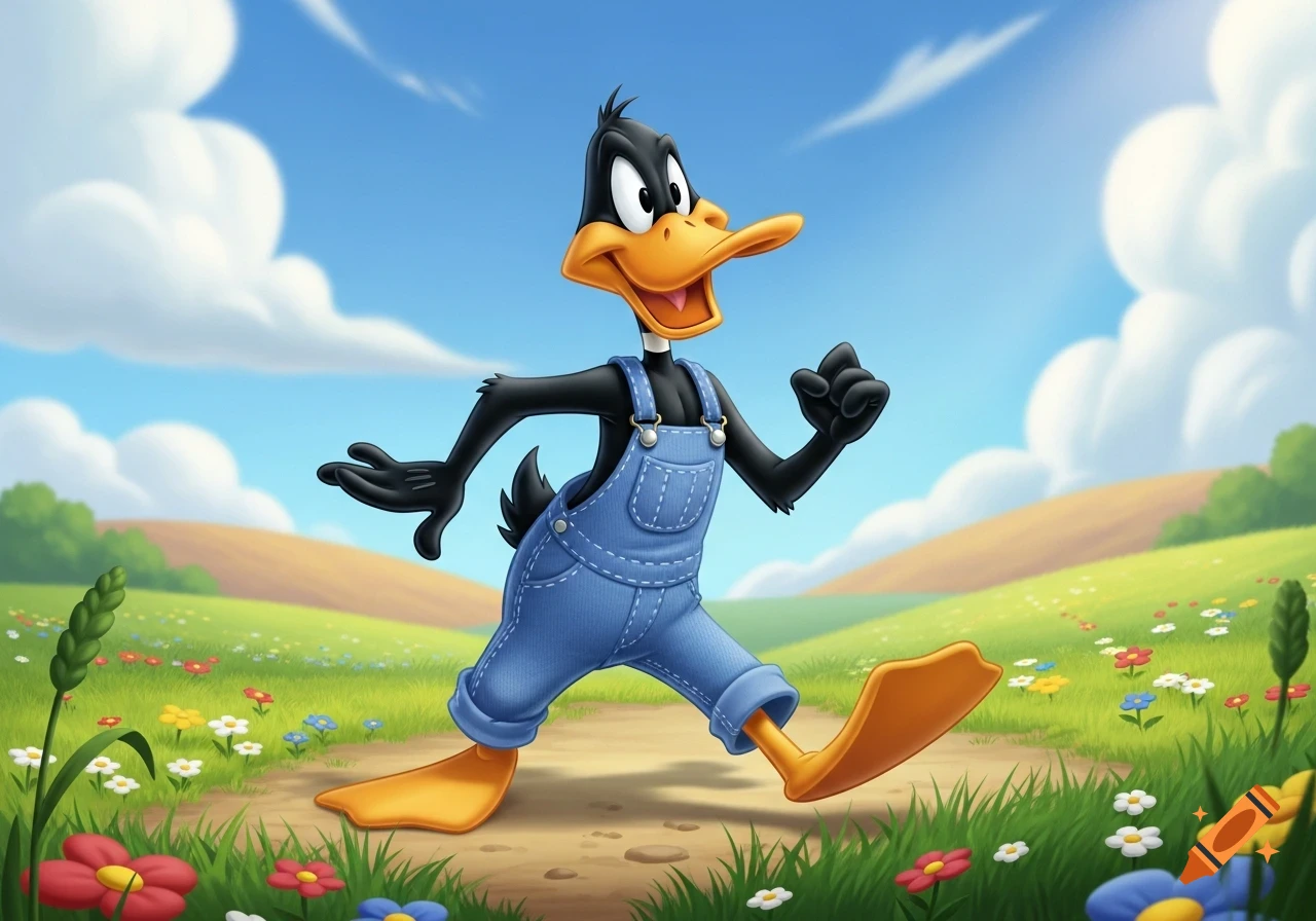 Daffy Duck in blue overalls walks cheerfully through a sunny, grassy field with colorful flowers, cartoon style.