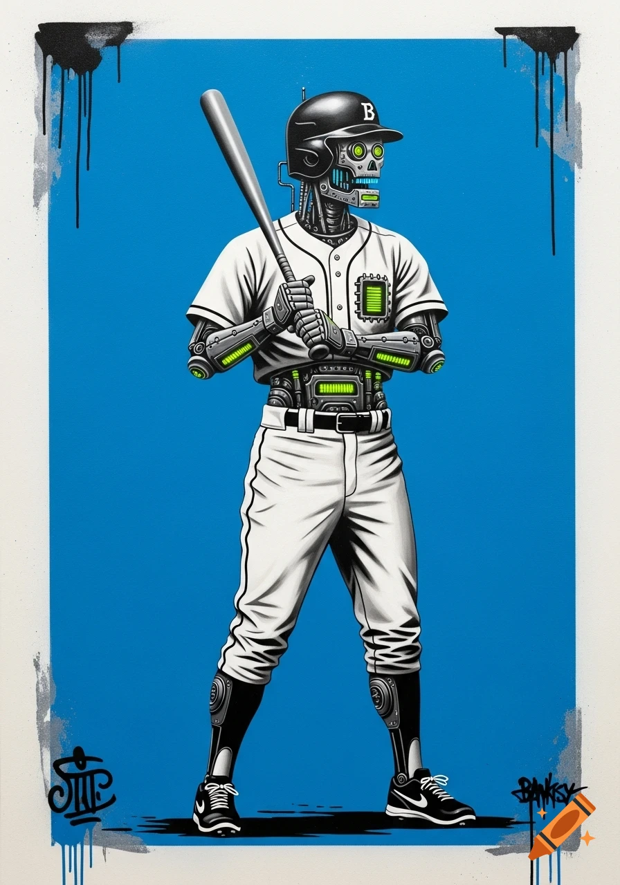 A robot baseball player in a uniform holds a bat, standing against a bright blue background with graffiti art elements.