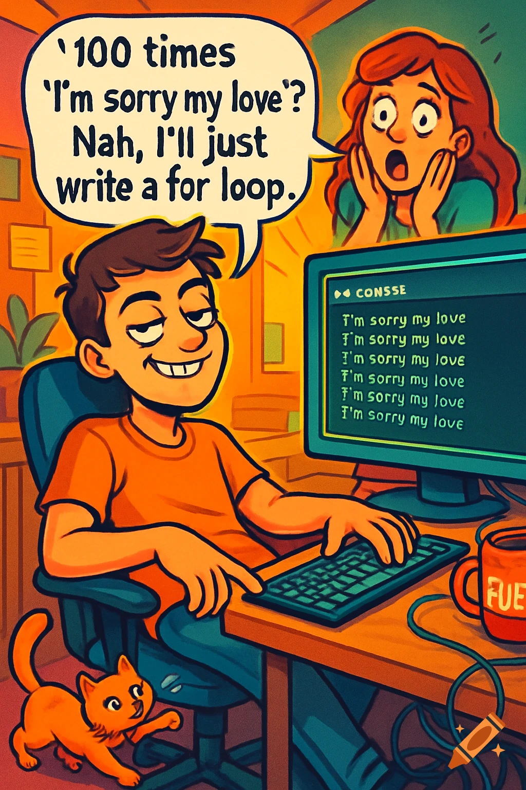 A smug cartoon programmer sits at a computer, with a speech bubble saying he'll write a 'for loop' instead of apologizing. His shocked girlfriend is behind him, while the computer screen displays 'I'm sorry my love' repeatedly.