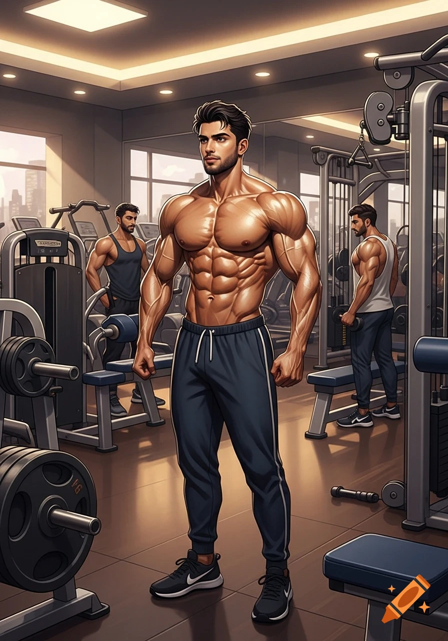 A very muscular man in sweatpants stands confidently in a gym, with other men working out in the background.